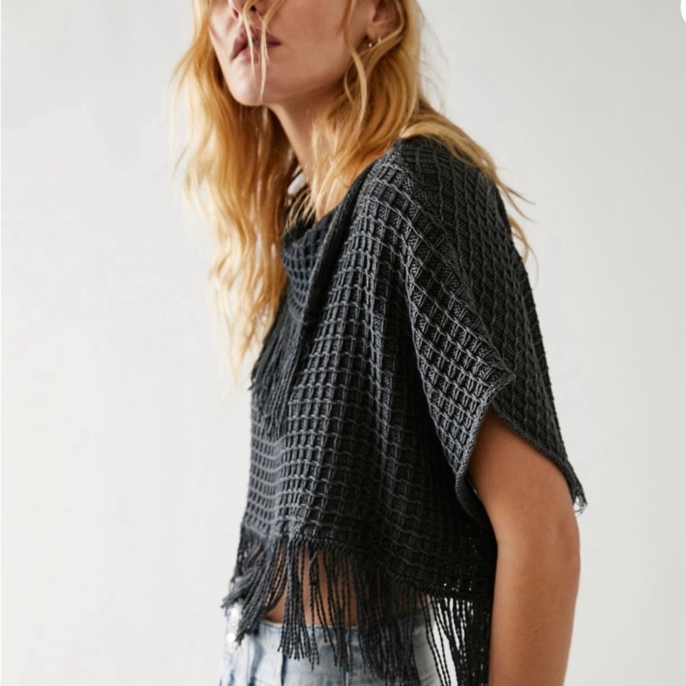 Fringed Knit Poncho in Dark Gray